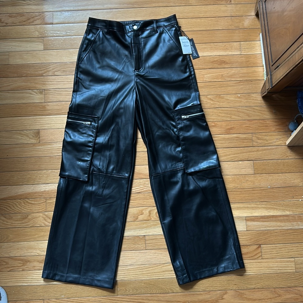 NWT BlankNYC The Franklin Ribcage Wide Leg Black Leather Pants Size 29